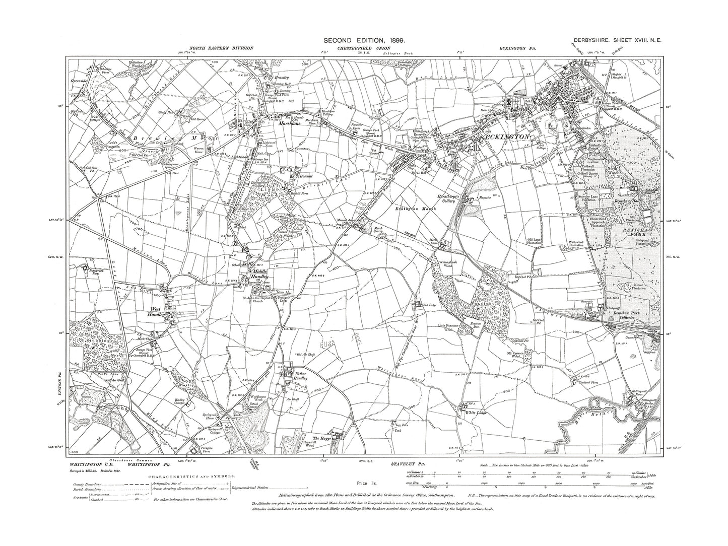 Old OS map dated 1899, showing Eckington, Middle Handley, Marshlane in Derbyshire 18NE