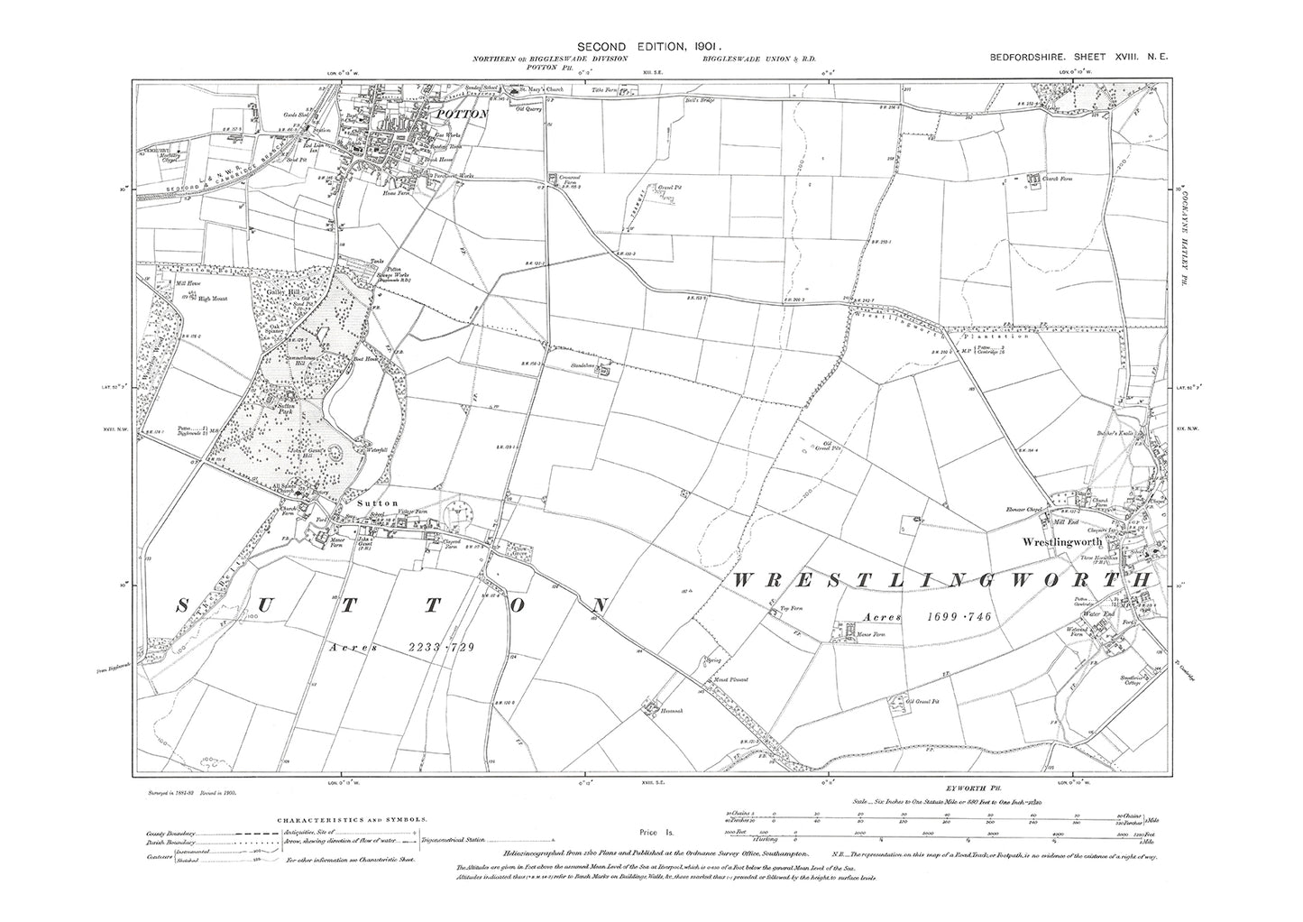 Potton (south), Sutton, Wrestlingworth (west), old map Bedfordshire 1901: 18NE