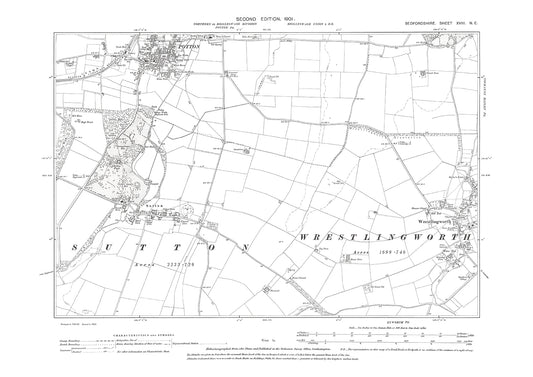 Potton (south), Sutton, Wrestlingworth (west), old map Bedfordshire 1901: 18NE