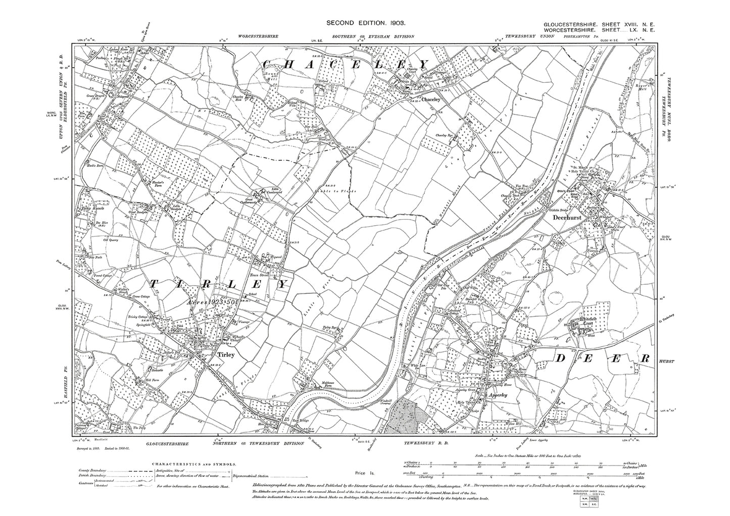 Old OS map dated 1903, showing Tirley, Deerhurst, Apperley in Gloucestershire - 18NE