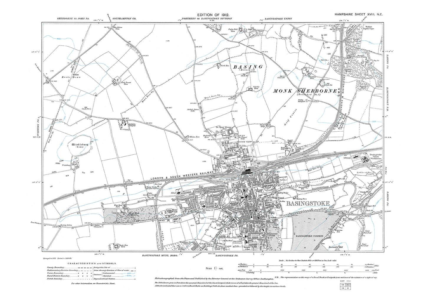 Old OS map dated 1912, showing Basingstoke in Hampshire - 18NE