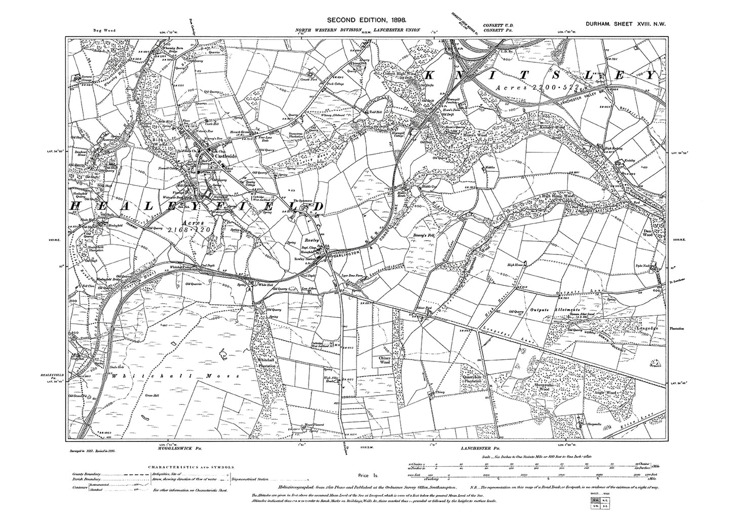 Old OS map dated 1898, showing Castleside in Durham - 18NW