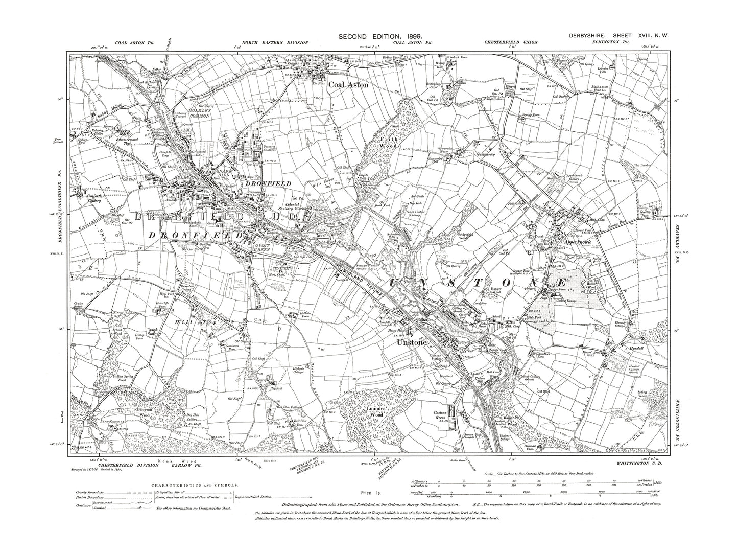 Old OS map dated 1899, showing Dronefield, Unstone, Coal Aston in Derbyshire 18NW