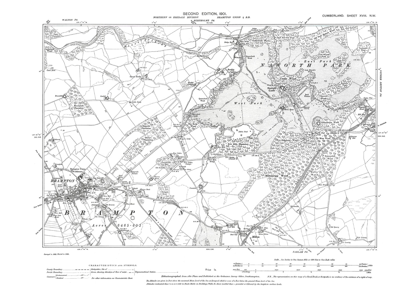 Old OS map dated 1901, showing Brampton, Milton in Cumberland - 18NW