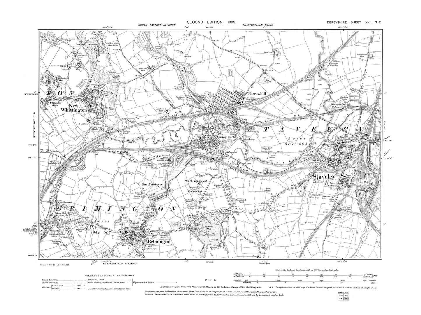 Old OS map dated 1899, showing Brimington, New Whittington, Staveley in Derbyshire 18SE