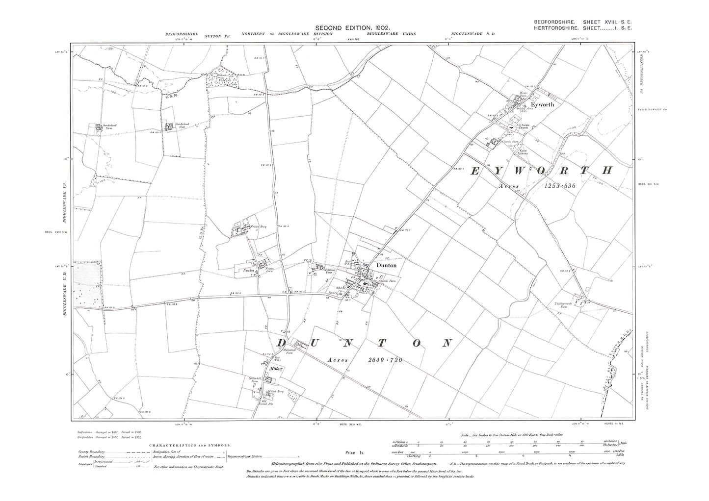 Dunton, Eyworth, old map Bedfordshire 1902: 18SE