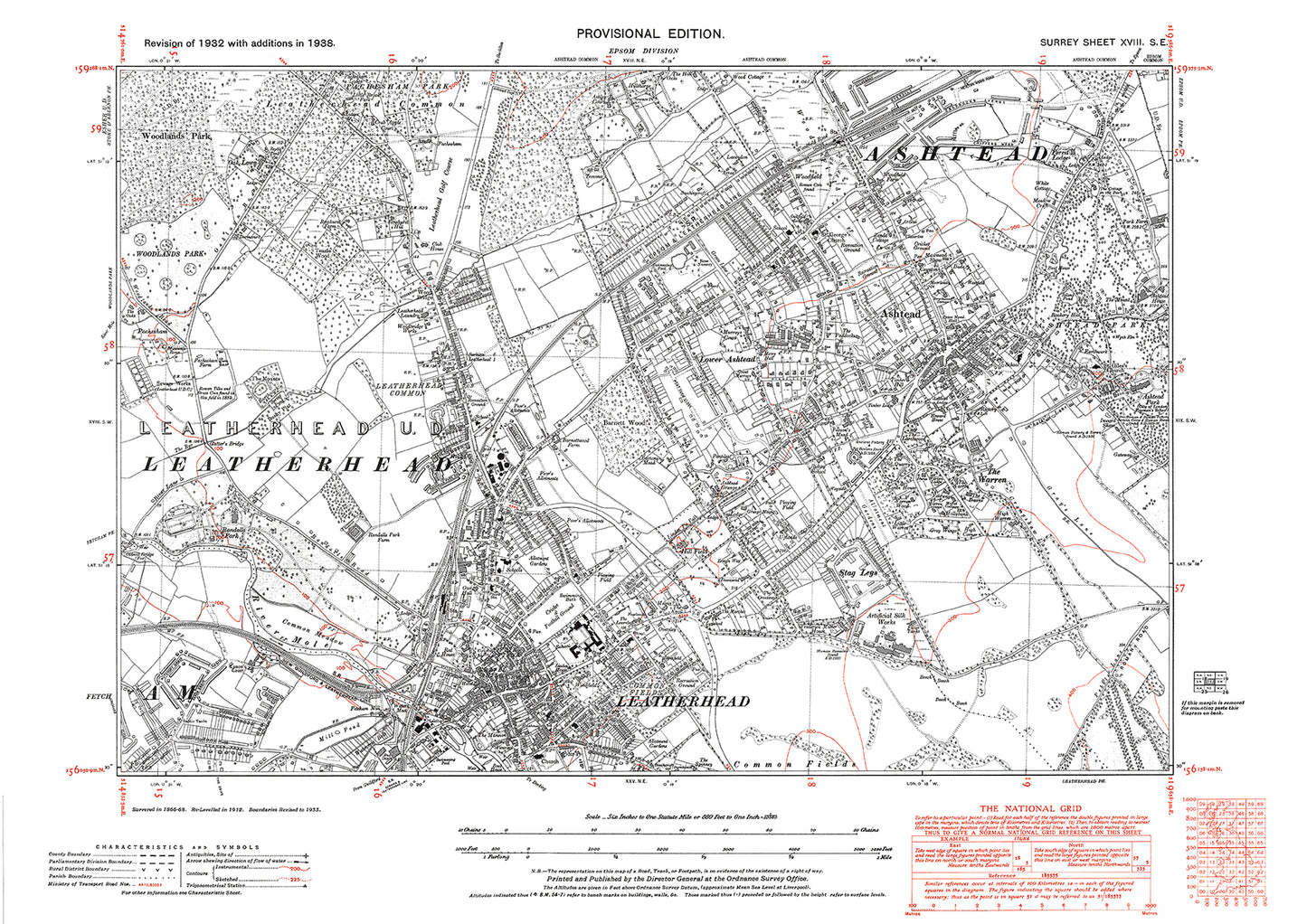 Ashtead, Leatherhead (north) old map Surrey 1938: 18SE
