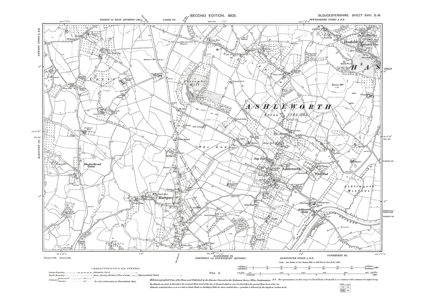 Old OS map dated 1903, showing Hasfield, Ashleworth, Hartpury in Gloucestershire - 18SW