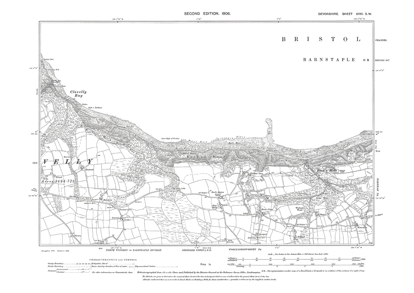 Clovelly Bay, Bucks Mills, Old Map Devon 1906: 18SW