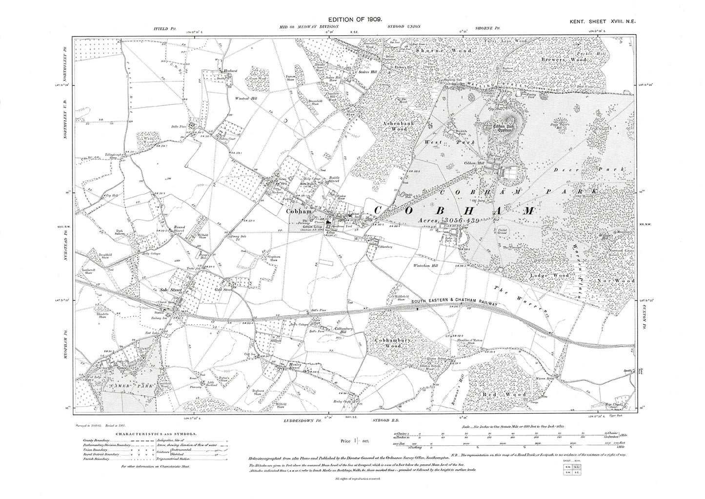 Cobham, old map Kent 1909: 18NE