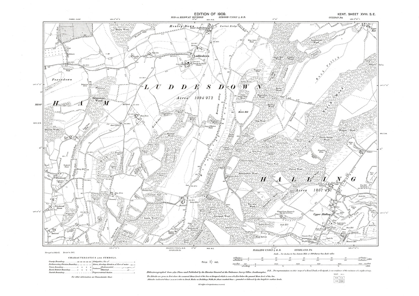 Upper Halling, Luddesdown, old map Kent 1909: 18SE