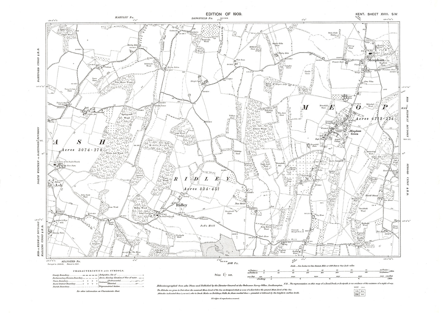 Meopham, Ash, old map Kent 1909: 18SW