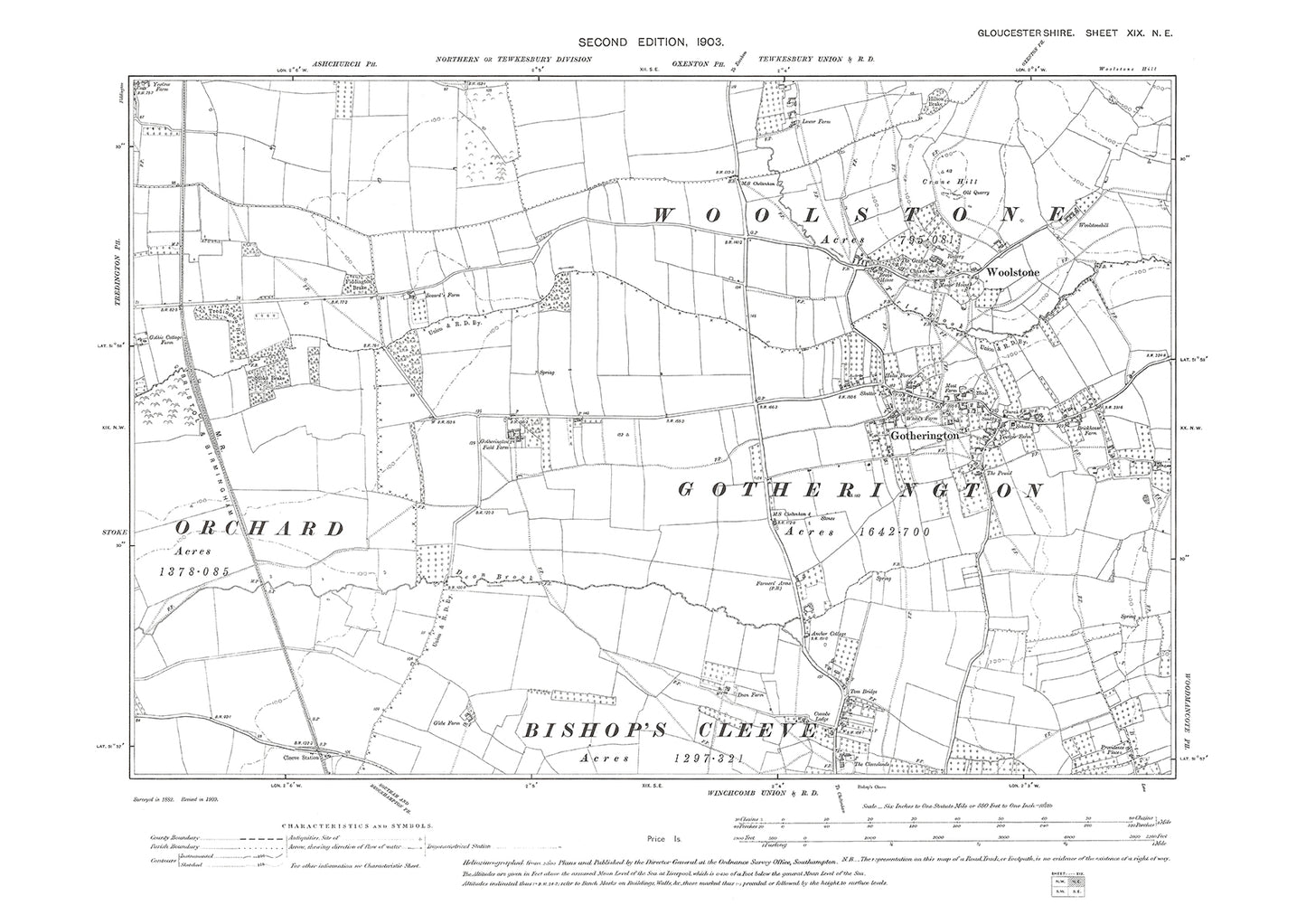 Old OS map dated 1903, showing Gotherington, Woolstone in Gloucestershire - 19NE