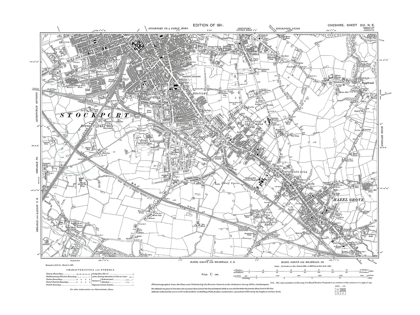 Old OS map dated 1911, showing Stockport (south), Hazel Grove in Cheshire 19NE