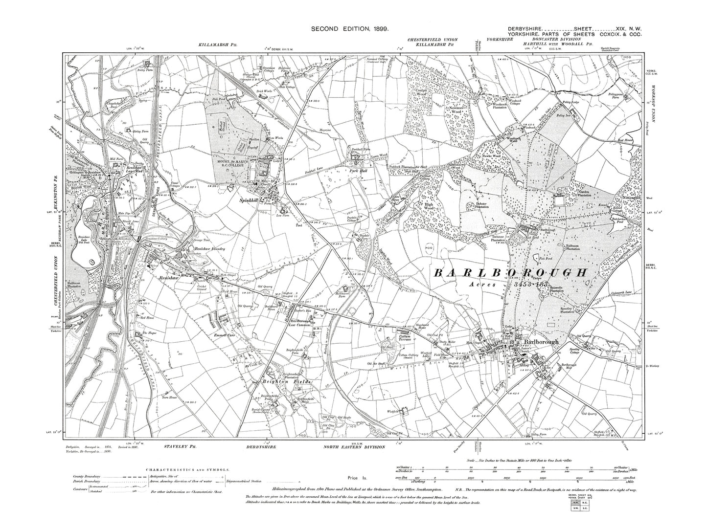 Old OS map dated 1899, showing Barlborough, Renishaw, Spinkhill in Derbyshire 19NW