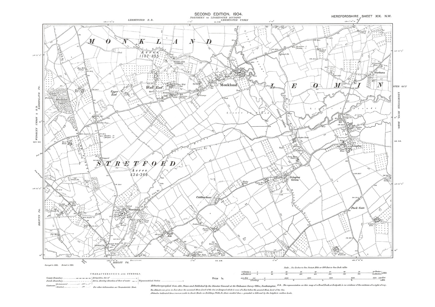 Old OS map dated 1904, showing Monkland, Ivington, Stretford in Herefordshire - 19NW