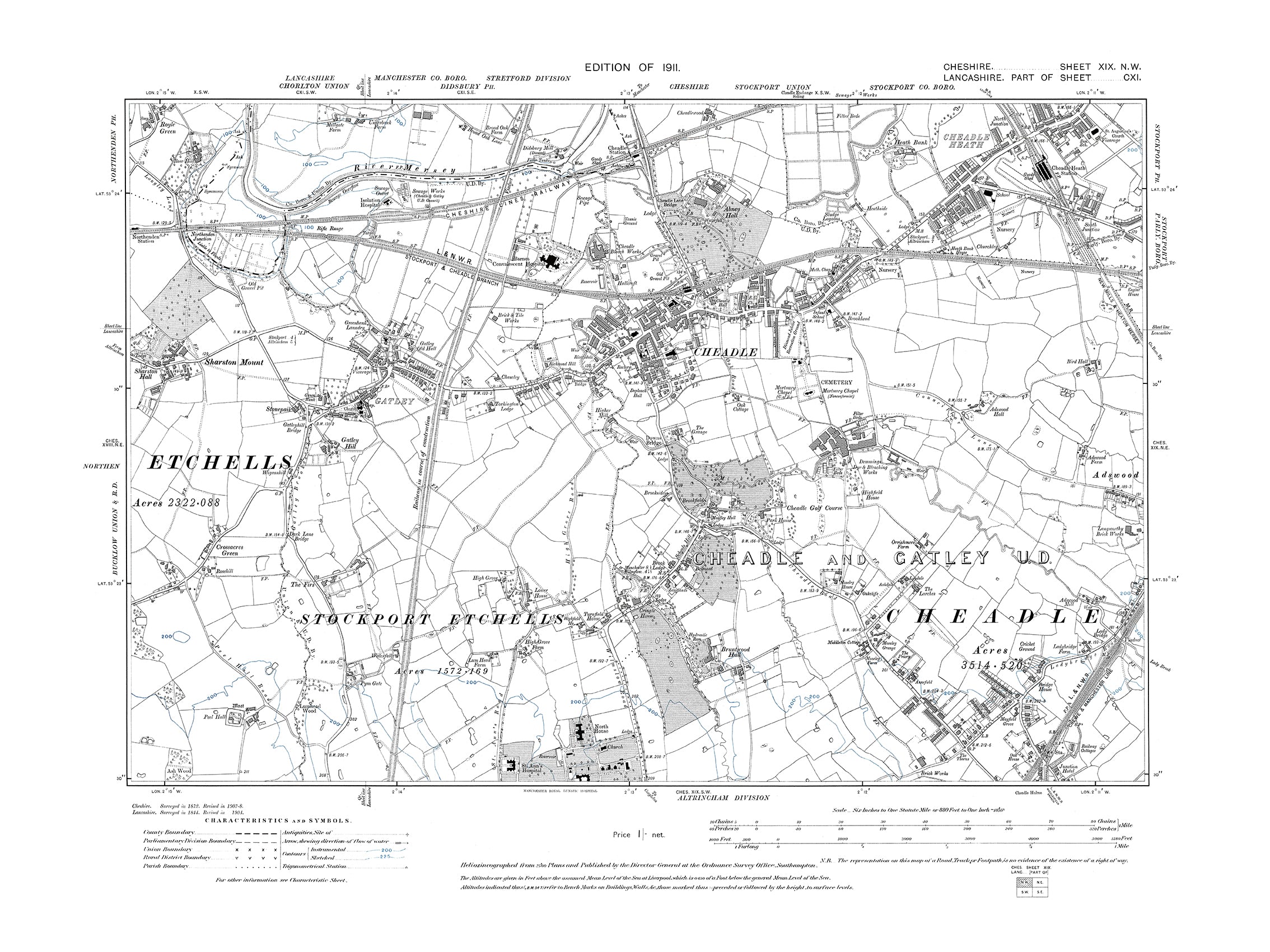 Old OS map dated 1911, showing Cheadle, Cheadle Heath, Cheadle Holme ...
