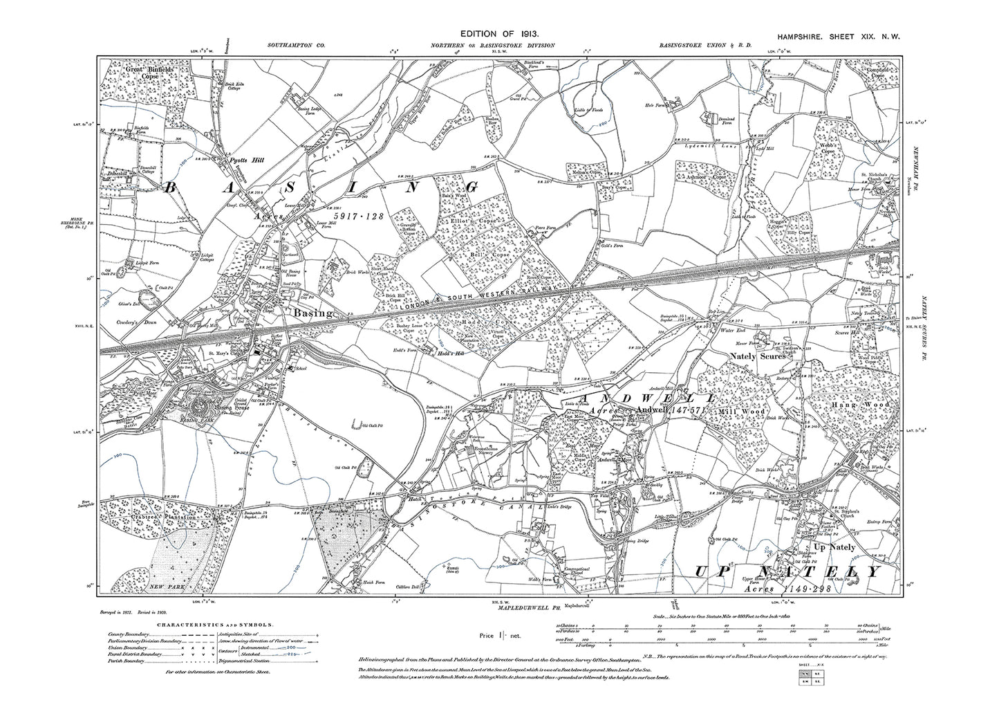 Old OS map dated 1913, showing Basing, Andwell, Up Nately in Hampshire - 19NW