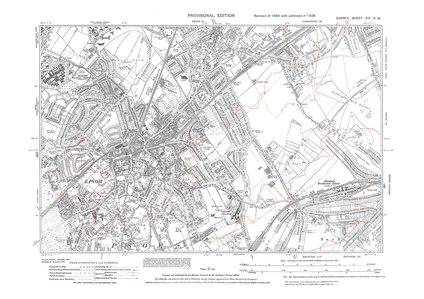 Epsom, Ewell (south), Cuddington (south) old map Surrey 1938: 19NW