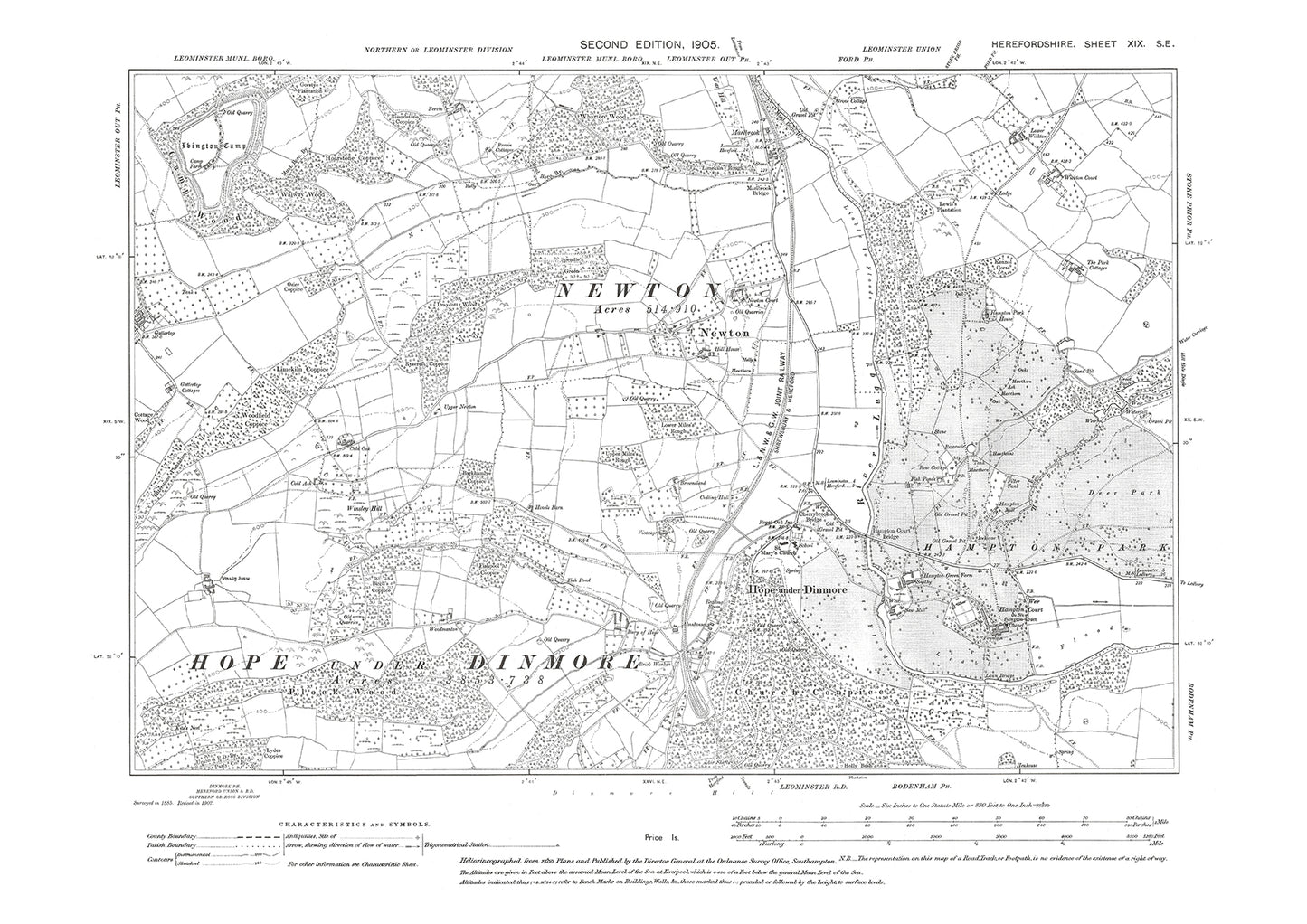 Old OS map dated 1905, showing Hope under Dinmore in Herefordshire - 19SE