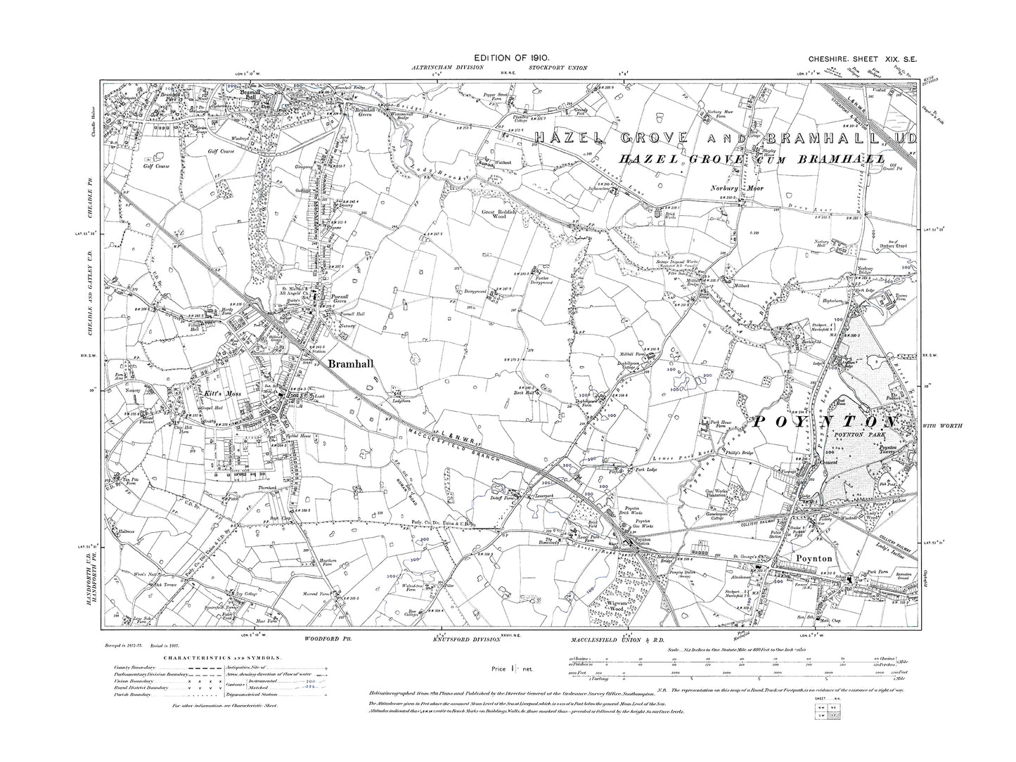 Old OS map dated 1910, showing Bramhall, Poynton in Cheshire 19SE