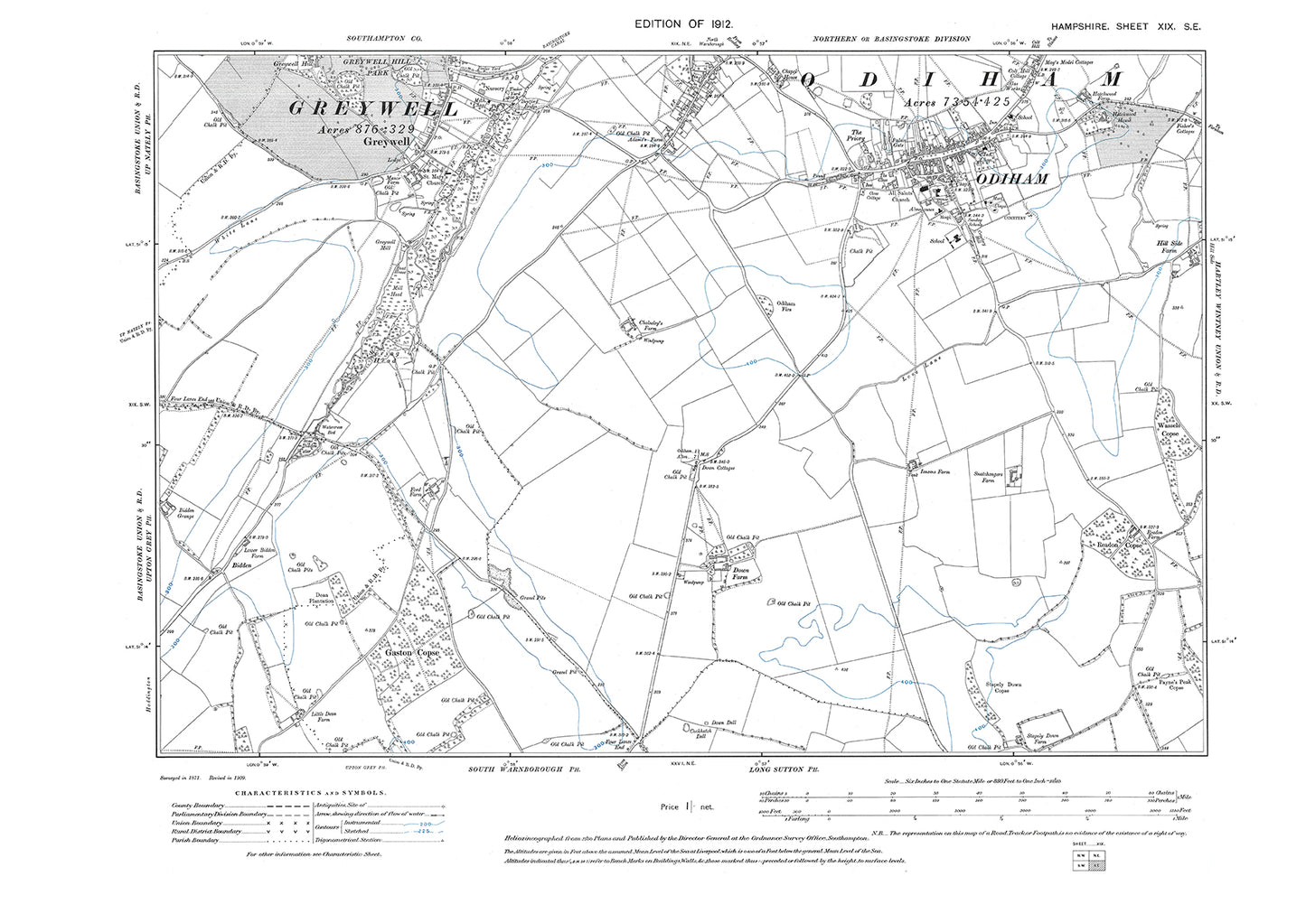 Old OS map dated 1912, showing Greywell, Odiham in Hampshire - 19SE