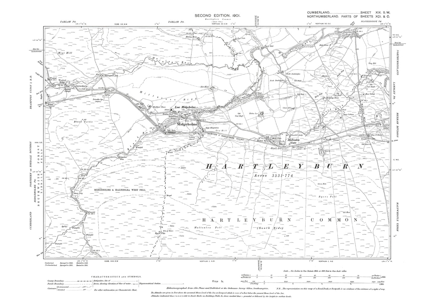 Old OS map dated 1901, showing Midgeholme, Haltonlea Gate in Cumberland - 19SW