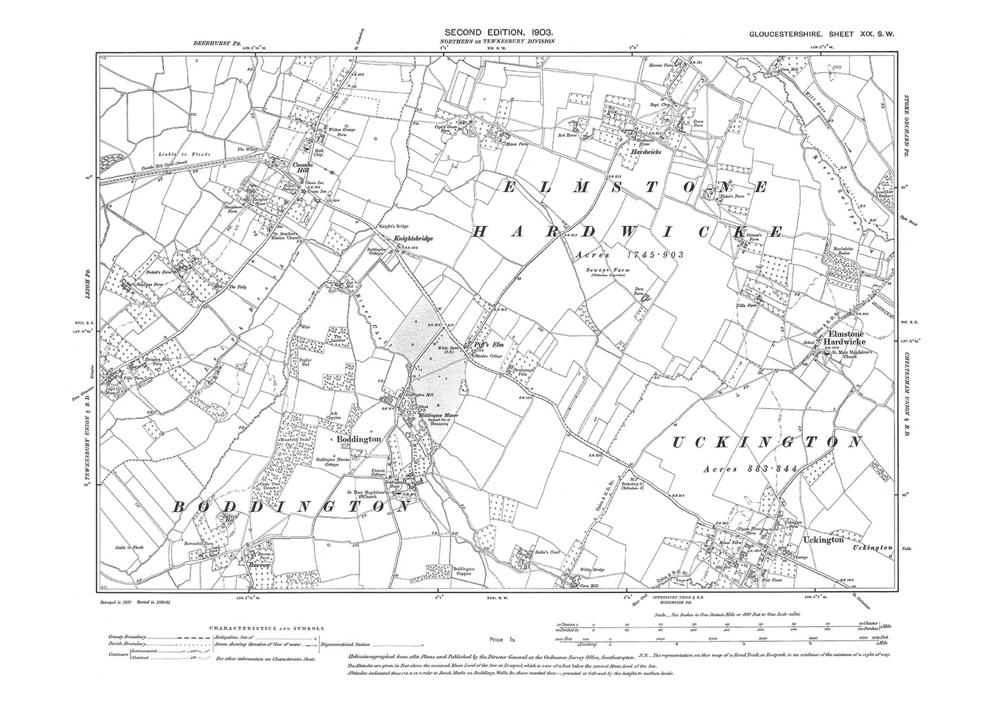 Old OS map dated 1903, showing Coombe Hill, Boddington, Elmstone, Uckington in Gloucestershire - 19SW