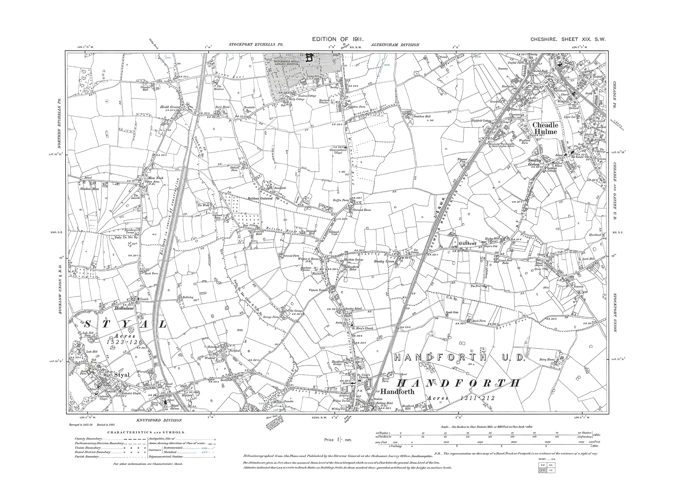 Old OS map dated 1911, showing Cheadle Hulme (south), Handforth (north ...