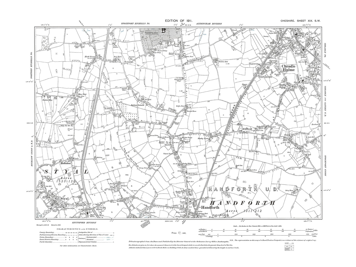 Old OS map dated 1911, showing Cheadle Hulme (south), Handforth (north), Styal in Cheshire 19SW