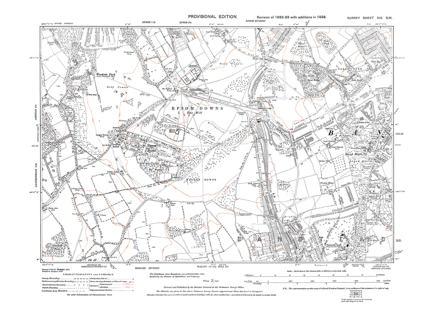 Epsom Downs Racecourse, Burgh Heath old map Surrey 1938: 19SW