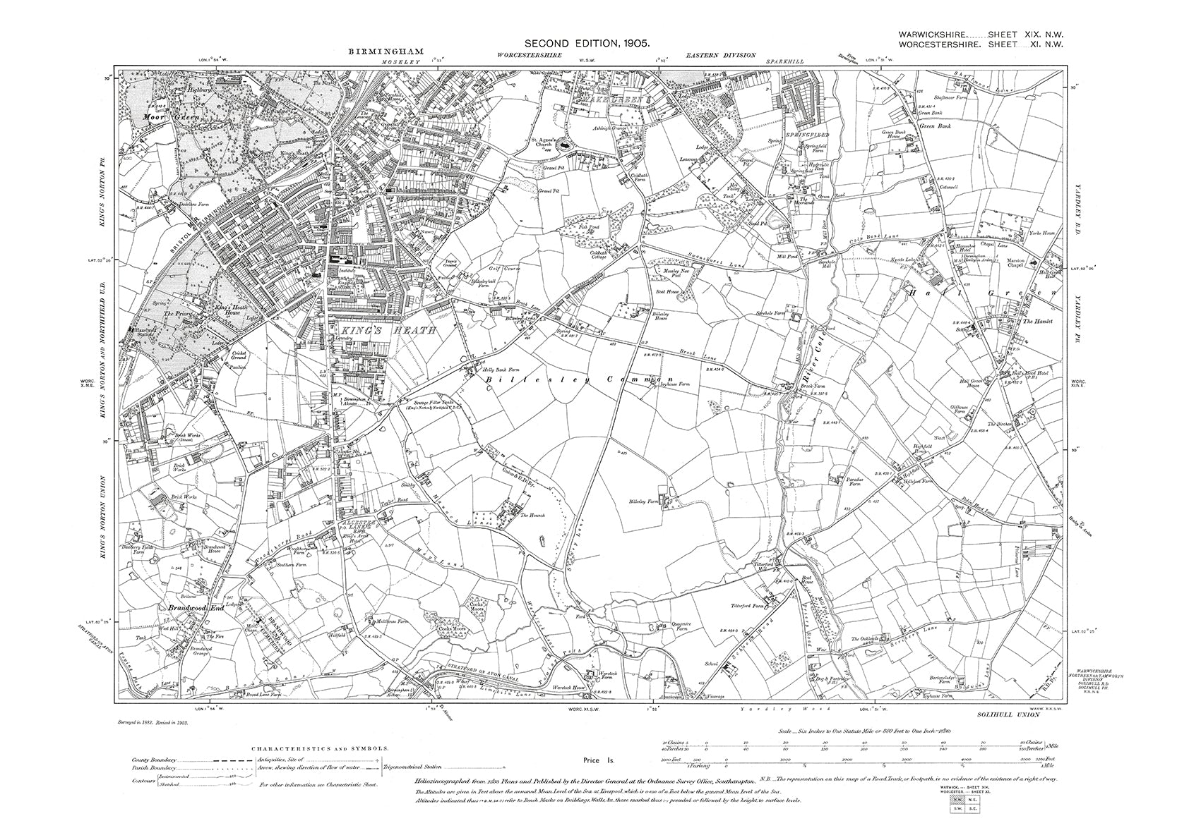 Birmingham (Worcs), Kings Heath, Springfield, old map Warwickshire 190 ...