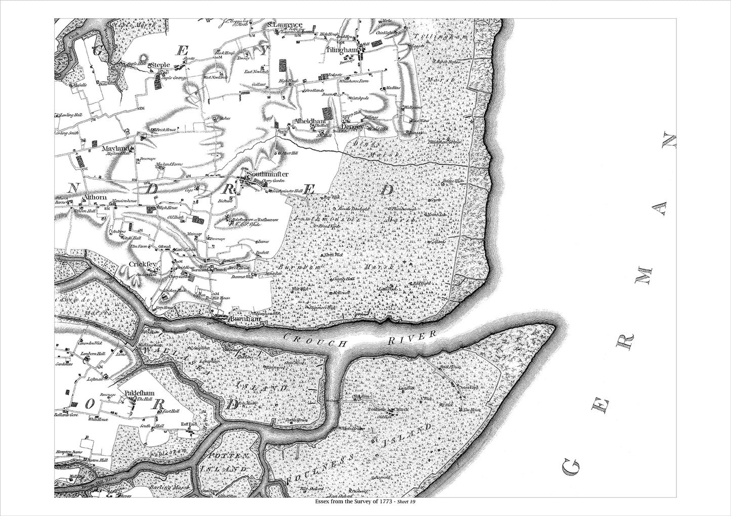 Southminster, Tilingham, Cricksey, Burnham, Dengey, old map Essex 1777