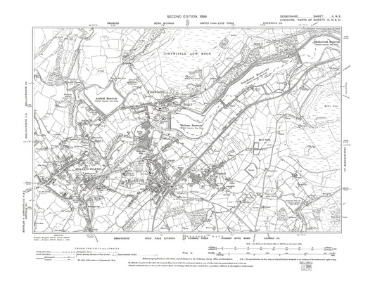 Old OS map dated 1899, showing Tintwistle, Hollingworth, Hadfield, Padfield in Derbyshire 2NE