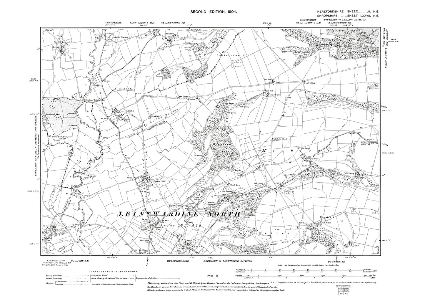 Old OS map dated 1904, showing Leintwardine (north) in Herefordshire - 2NE