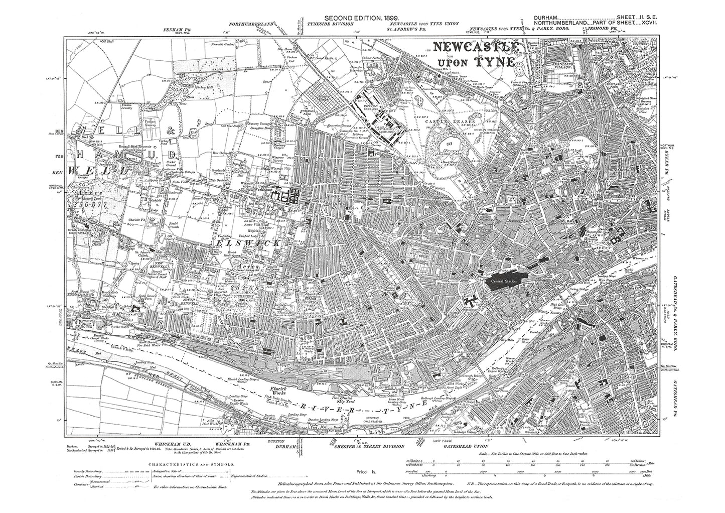 Old OS map dated 1899, showing Gateshead (northwest) in Durham - 2SE