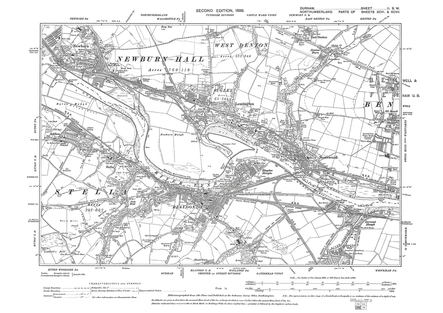 Old OS map dated 1898, showing Blaydon, Stella and Derwent Haugh in Durham - 2SW