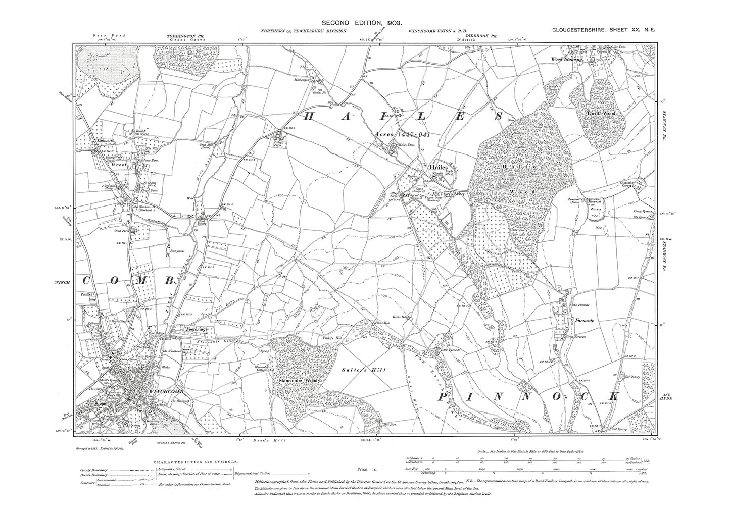 Old OS map dated 1903, showing Winchcomb, Hailes, Greet in Gloucestershire - 20NE