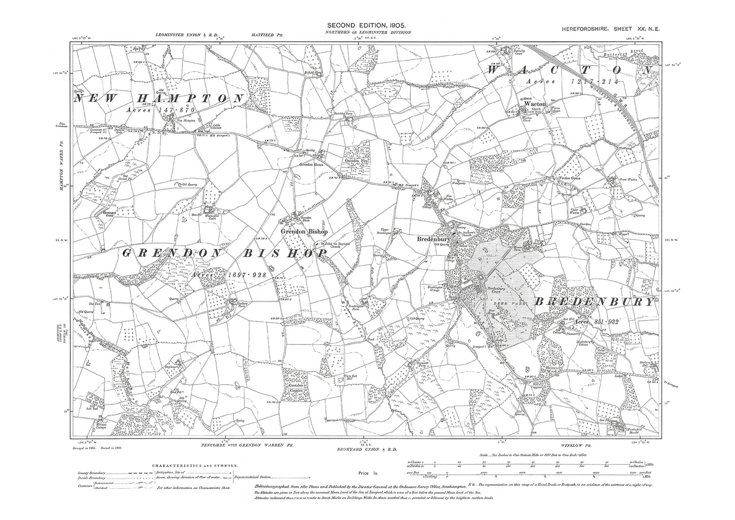 Old OS map dated 1905, showing Bredenbury in Herefordshire - 20NE