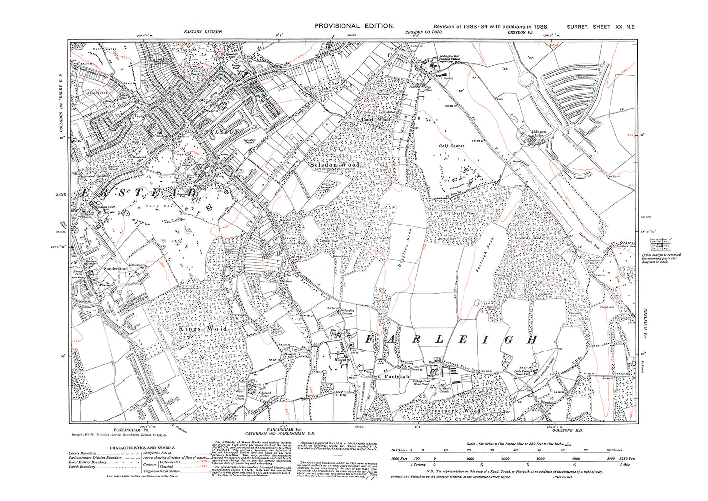 Sanderstead (east), Selsdon, Farleigh old map Surrey 1938: 20NE