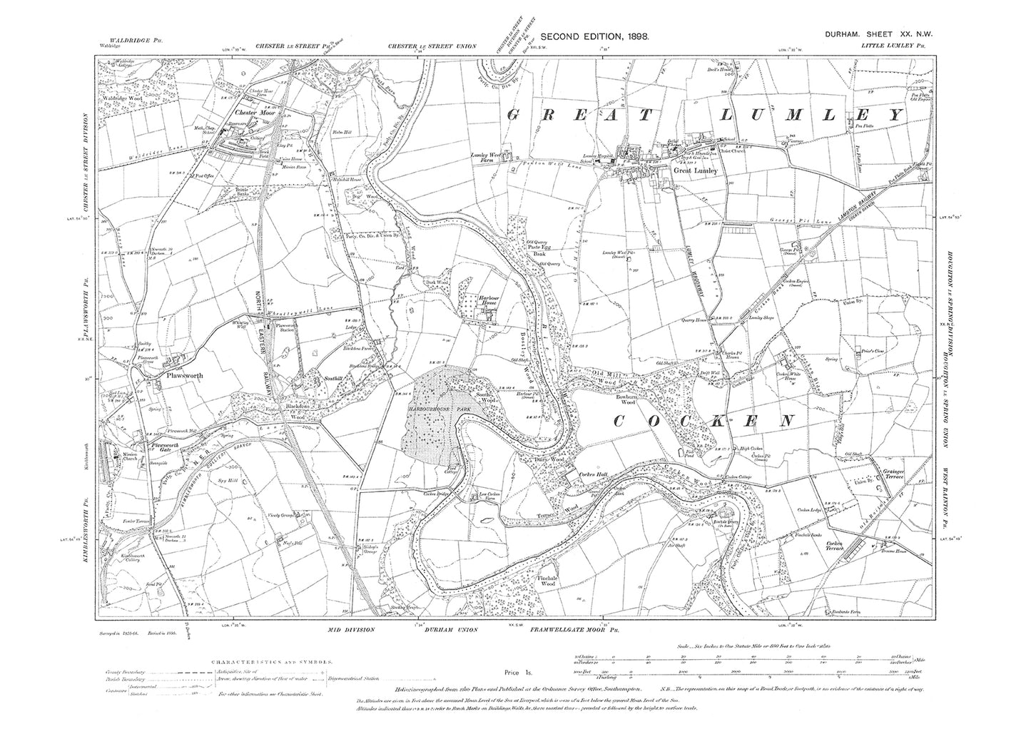 Old OS map dated 1898, showing Great Lumley and Plawsworth in Durham - 20NW