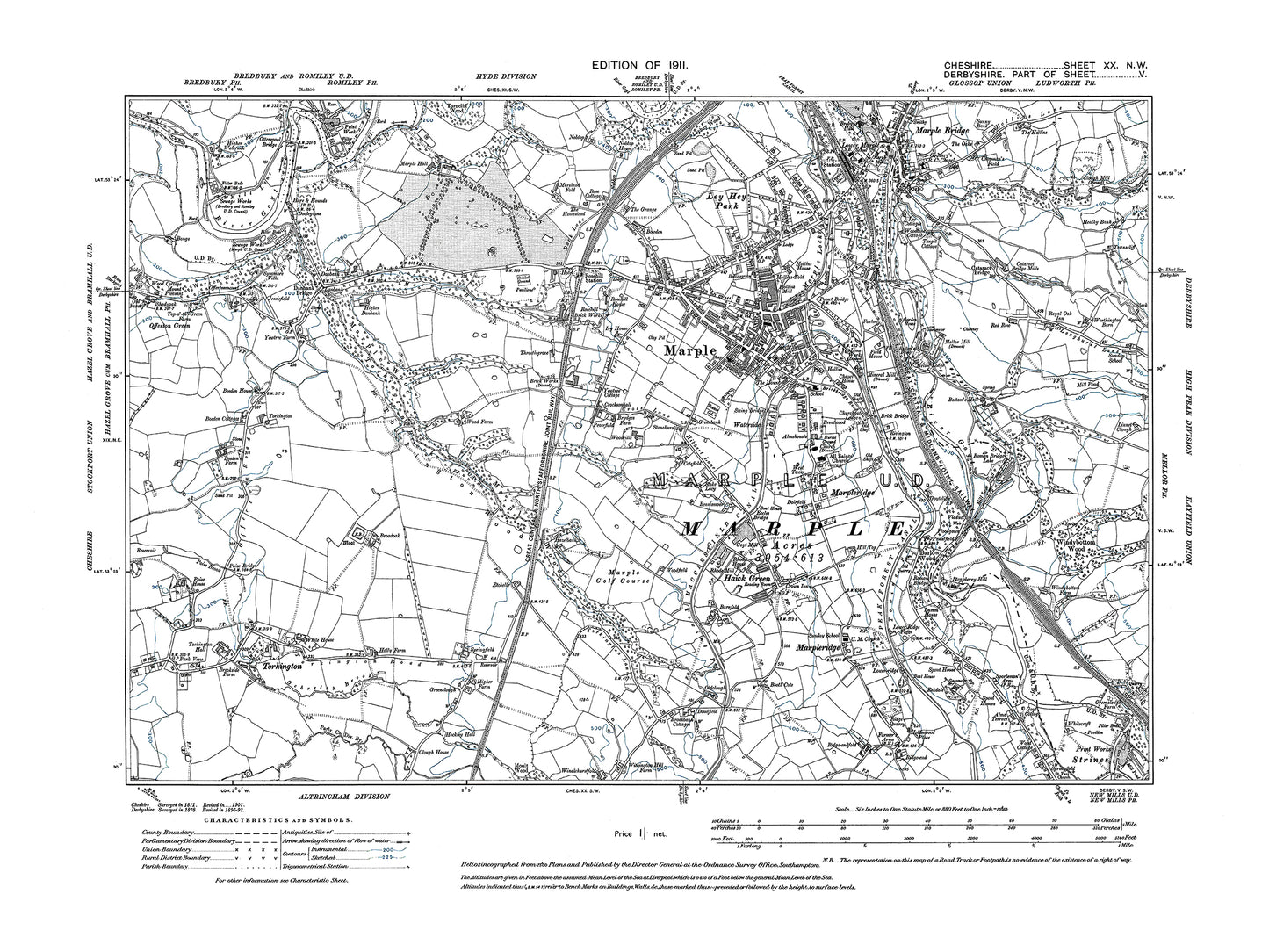 Old OS map dated 1911, showing Marple, Hawk Green, Torkington in Cheshire 20NW