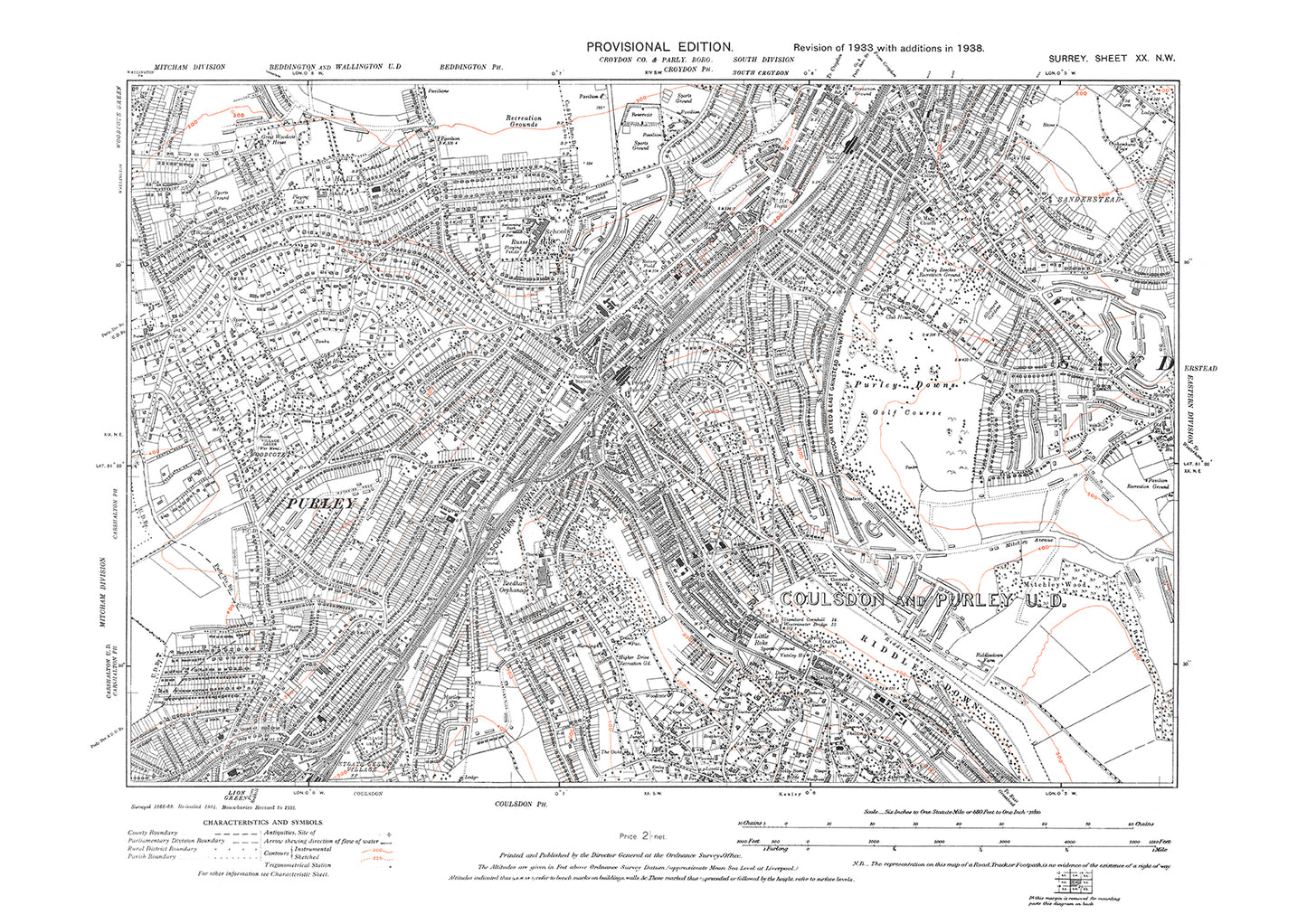 Purley, Sanderstead (west) old map Surrey 1938: 20NW