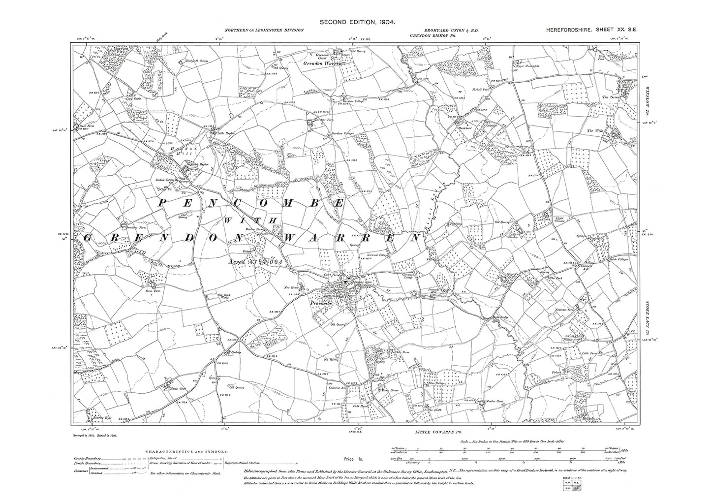 Old OS map dated 1904, showing Pencombe in Herefordshire - 20SE