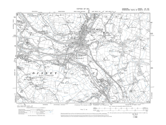 Old OS map dated 1912, showing Newtown, New Mills, Disley (west), Furness Vale in Cheshire 20SE