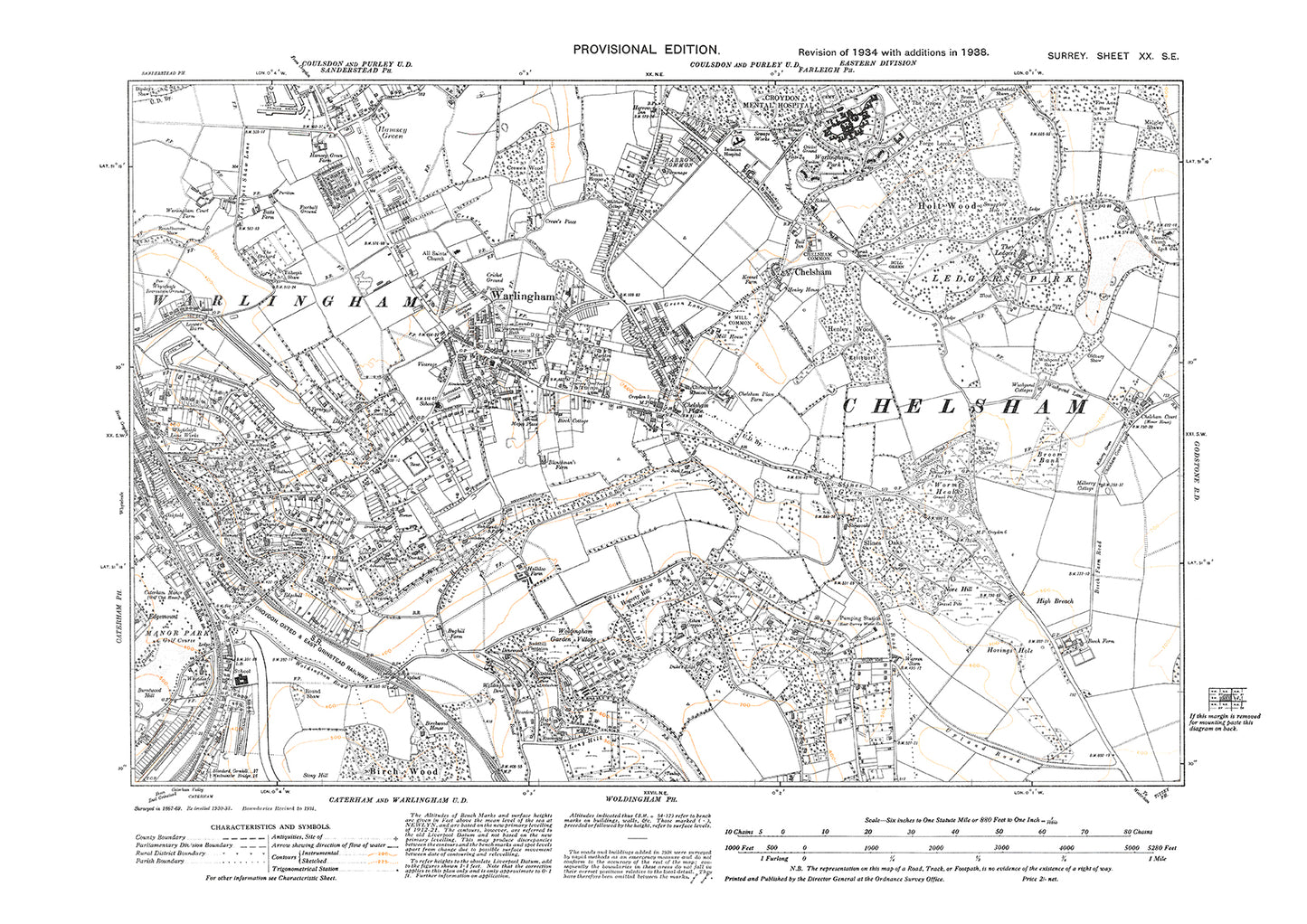 Warlingham, Caterham (east), Woldingham (north), Chelsham, Croydon Mental Hospital old map Surrey 1938: 20SE