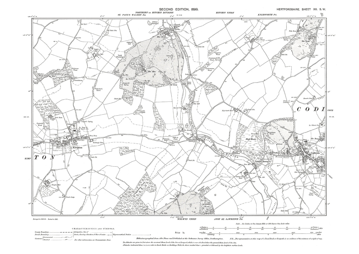 Old OS map dated 1899, showing Codicote, Kimpton in Hertfordshire - 20SW