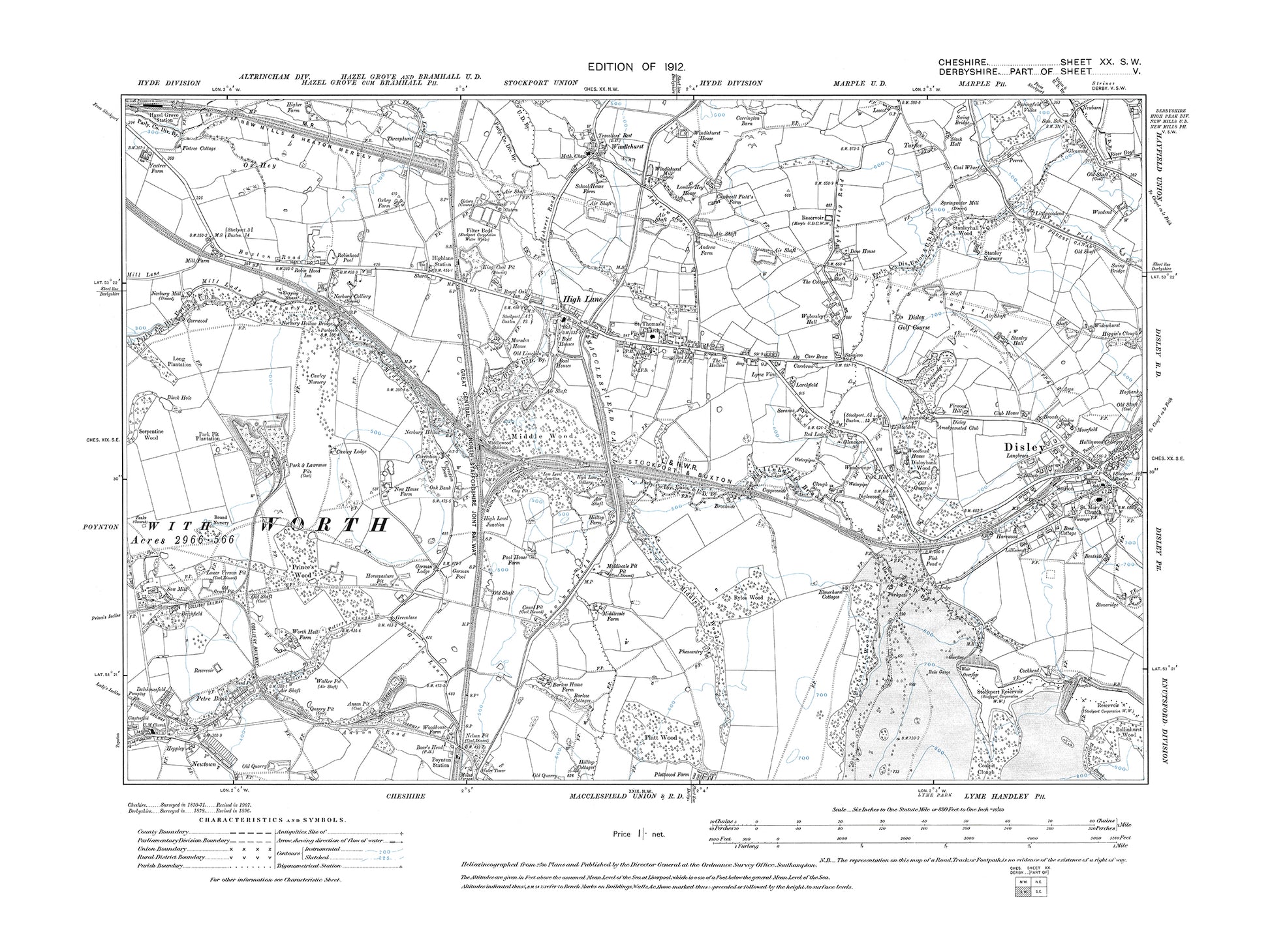 Old OS map dated 1912, showing Disley (west), High Lane in Cheshire 20 ...