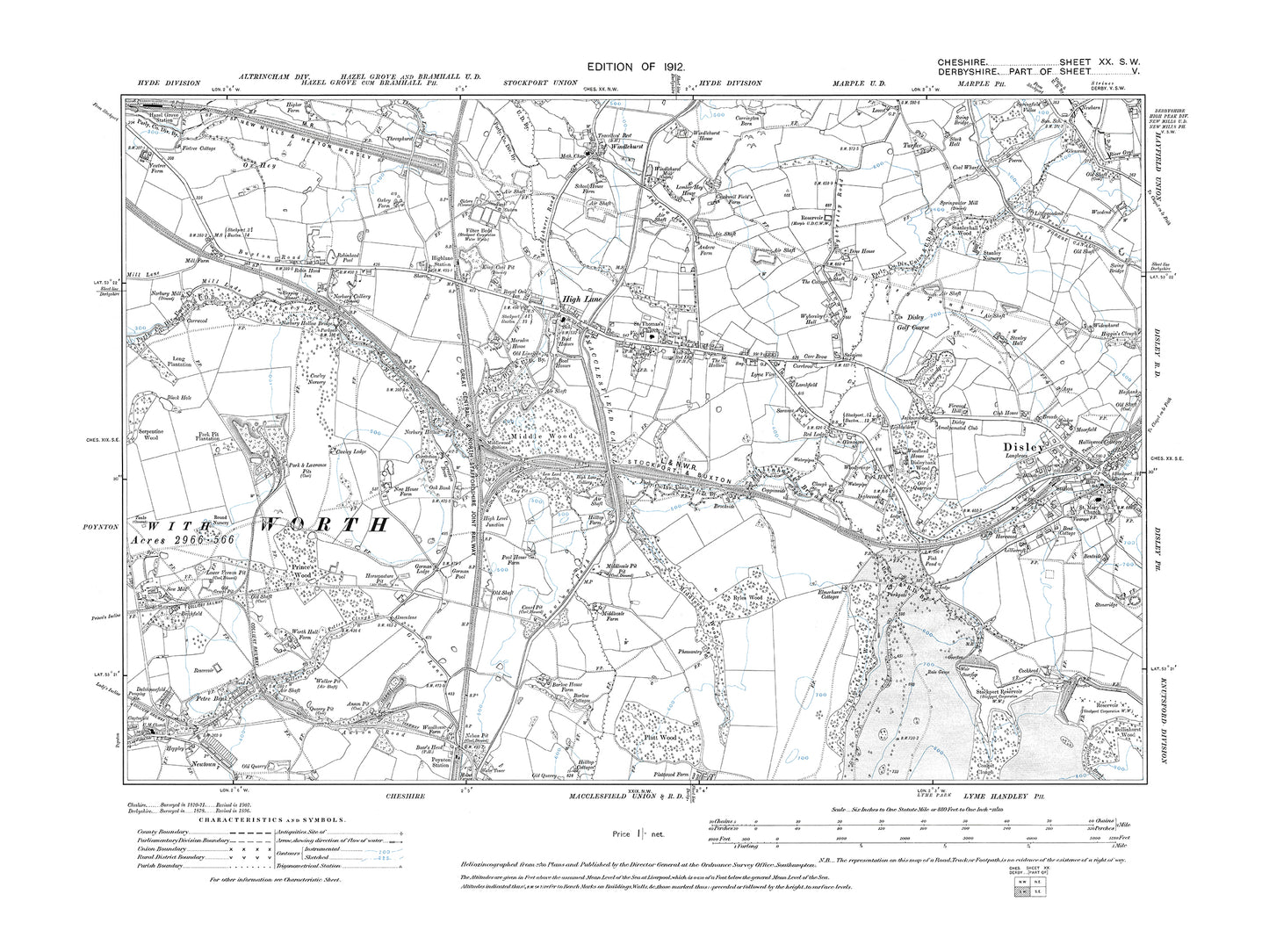 Old OS map dated 1912, showing Disley (west), High Lane in Cheshire 20SW