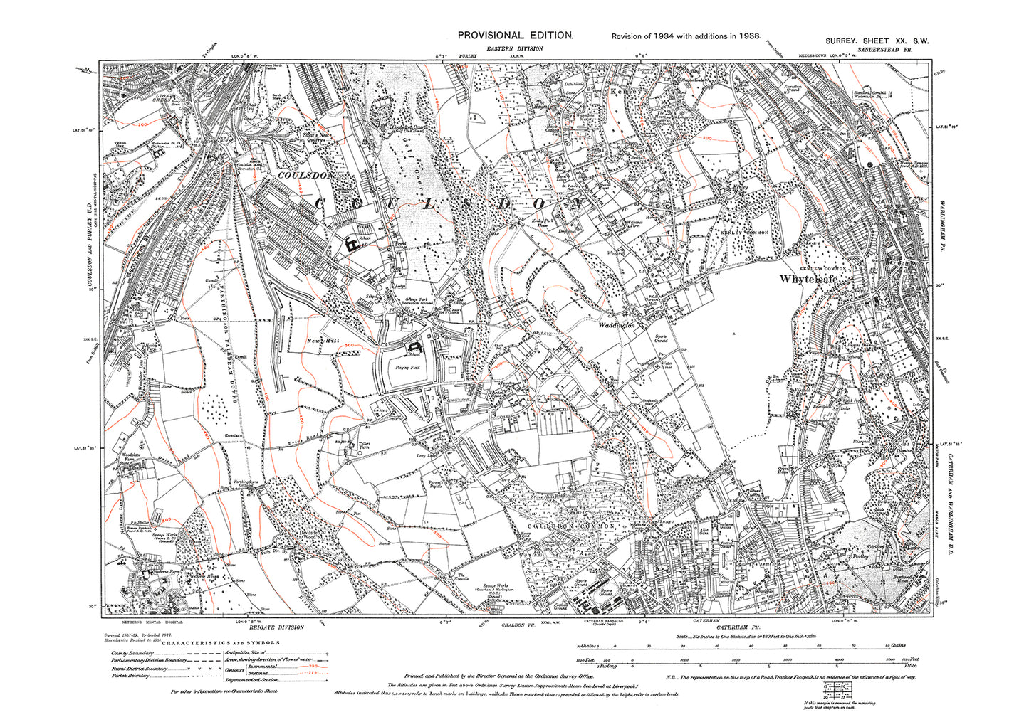 Coulsdon, Caterham (north), Whyteleaf, Kenley, Waddington old map Surrey 1938: 20SW